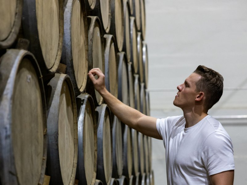 A worker inspecting oak aging barrels stacked in rows at an agave wine production facility