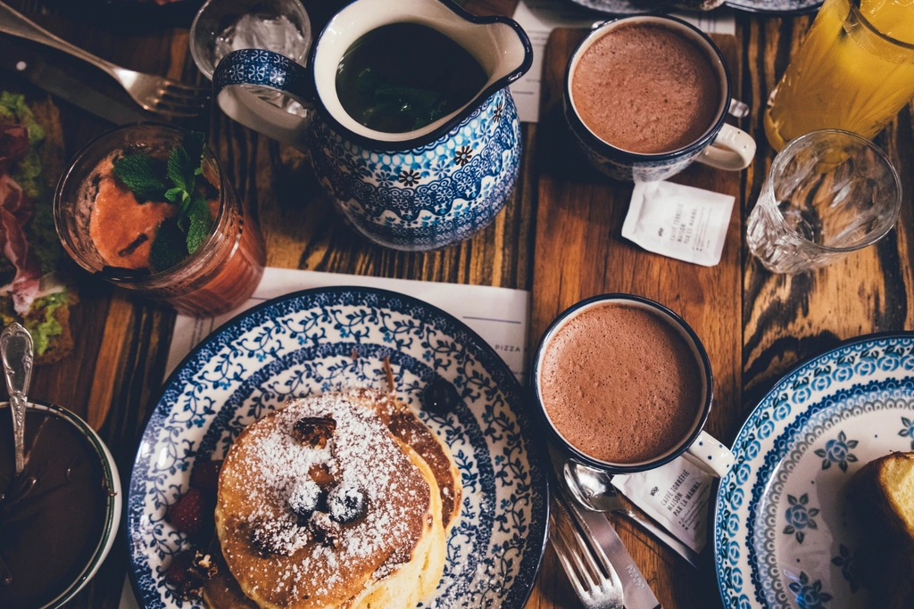 overhead shot breakfast table pancakes