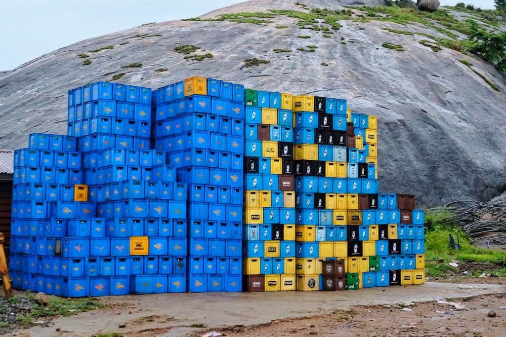 Wooden crates of freshly harvested vegetables stacked at a farm
