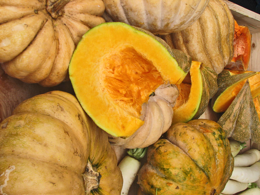 Assorted winter squash on display at a farmers market