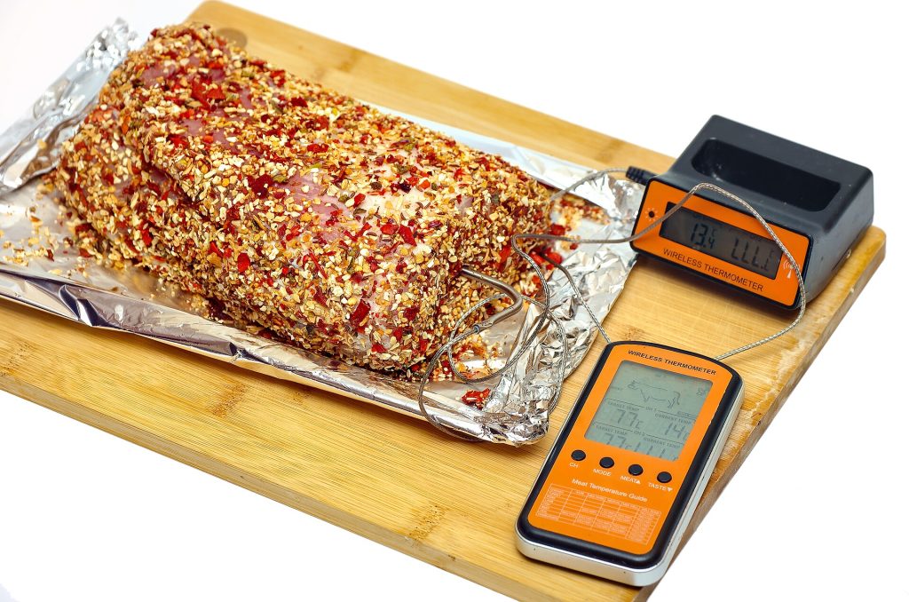 A probe thermometer checking food temperature