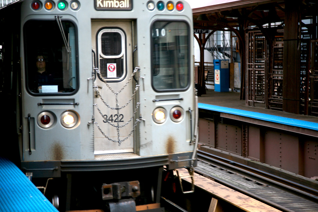 Chicago L train on elevated tracks downtown
