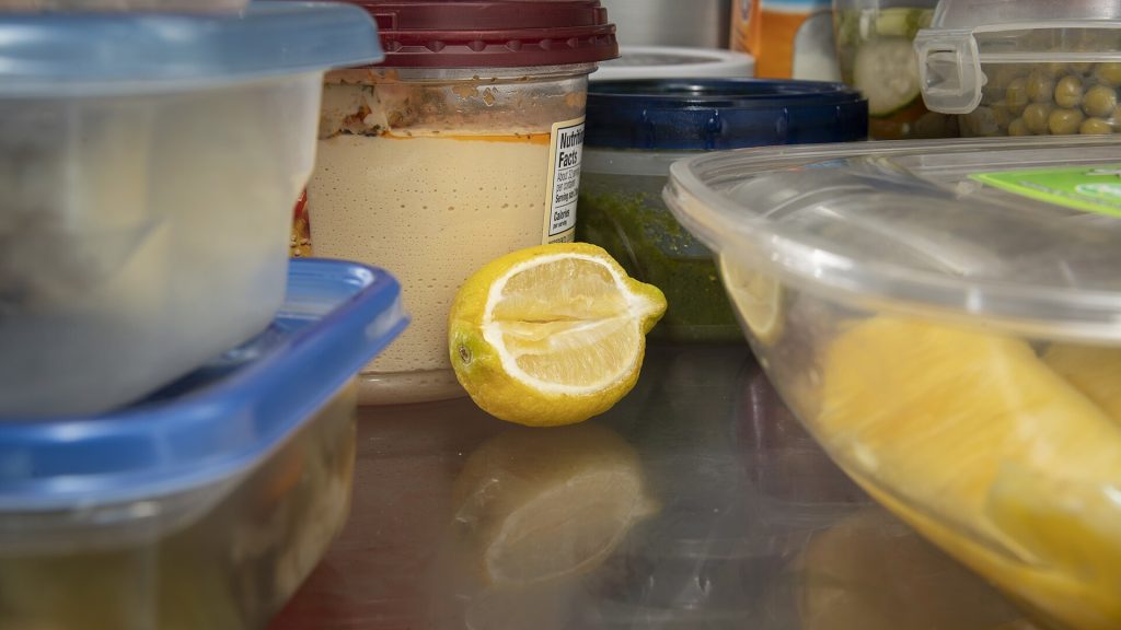 Food stored on refrigerator shelves