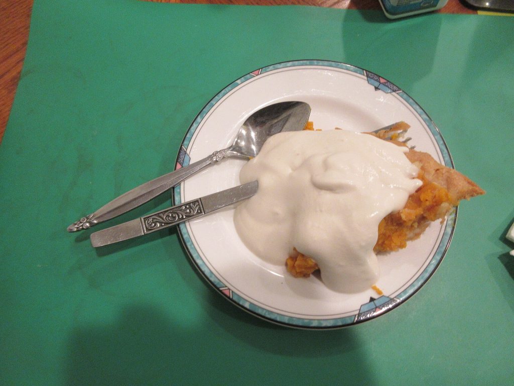 A slice of pumpkin pie on a plate