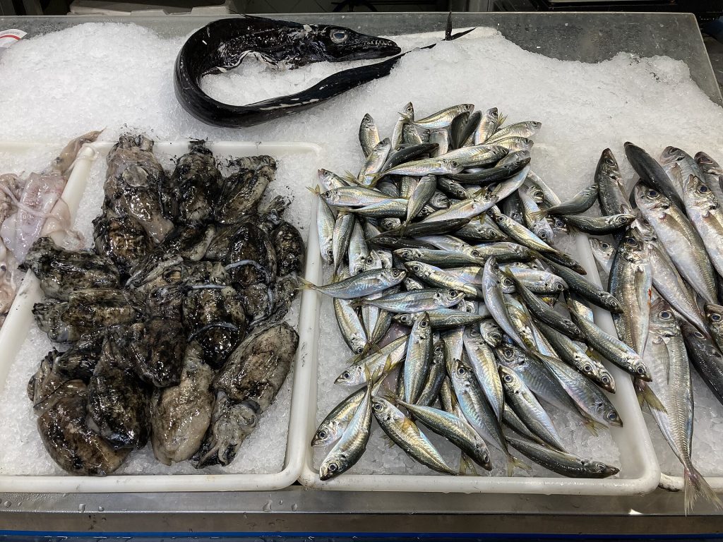 A seafood counter displaying whole fish and fillets on ice